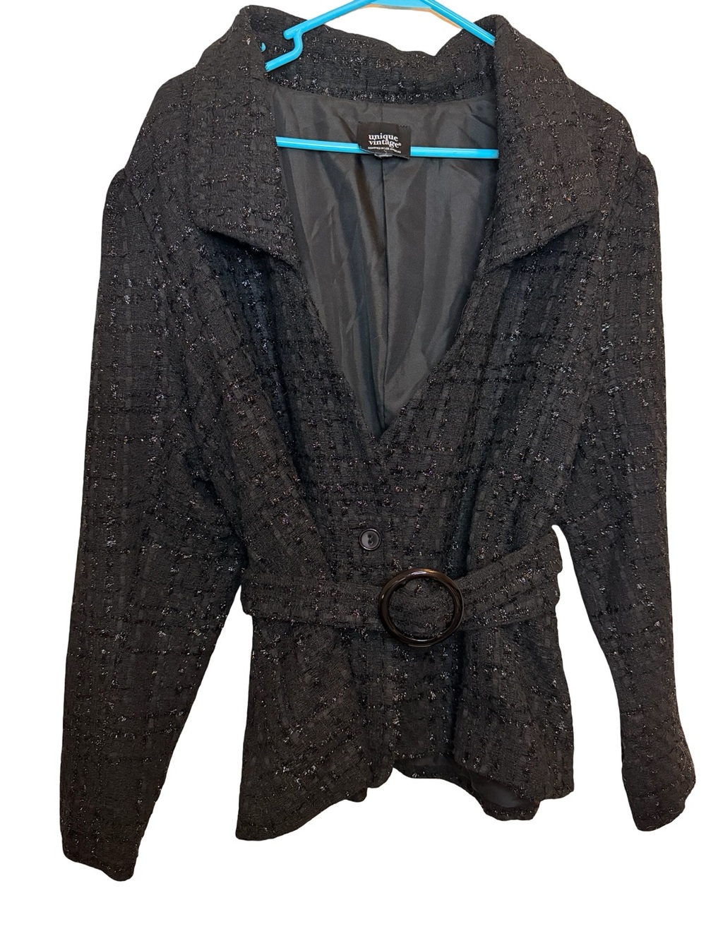 Unique Vintage Black Metallic Tweed Belted Blazer Jacket Boucle L/XL - Picture 3 of 7